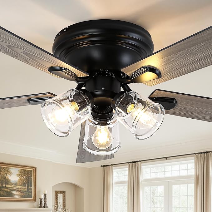 52 Inch Flush Mount Vintage Ceiling Fan with Lights and Remote, Farmhouse Rustic Ceiling Fan Antique Fandelier Chandelier for Bedroom Living Room Low Profile, 3 E26 Bulbs (Not Included)