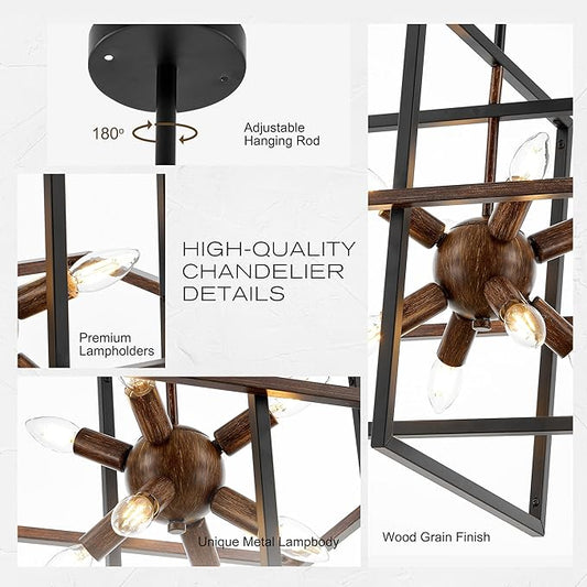 8-Light Farmhouse Sputnik Wood Pendant Light, 18.9'' Vintage Rustic Brown Wood Chandeliers,Retro Industrial Hanging Light Fixtures for Dining Room