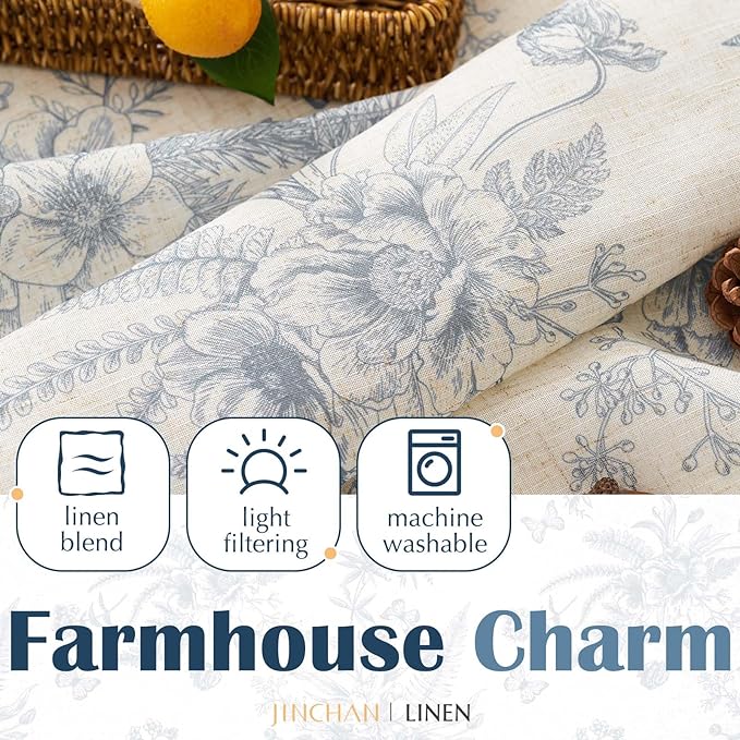 jinchan Half Window Curtains Small Drapes for Kitchen 36 Inch Rustic Floral Tier Curtains Farmhouse Butterfly Cafe Small Window Treatment for Dining Room Bathroom 2 Panels Blue on Beige
