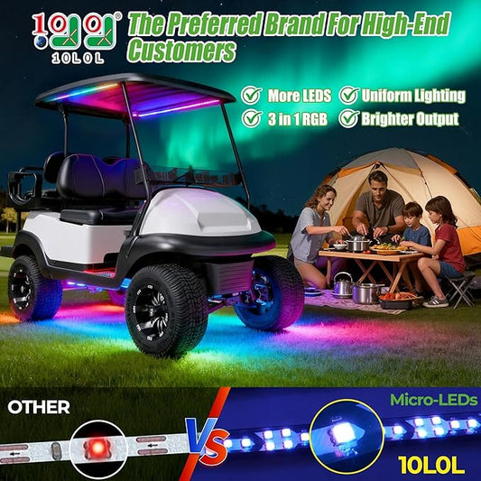 10L0L Golf Cart Underbody Light Kit, Underglow LED Strip for EZGO Club Car Yamaha, 24 Modes Multicolor RGB Music Sync Waterproof, Canopy Lights Optional (6 Pack(4 Underbody and 2 Roof-Fishbone))