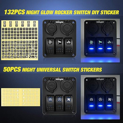 Nilight - 90115C 3 Gang Rocker Switch Panel Waterproof Pre-Wired Aluminum Switch Panel with Dual USB Charger Socket & Cigarette Lighter Socket 12V 24VDC ON Off Switch Panel for Cars Rvs Trucks