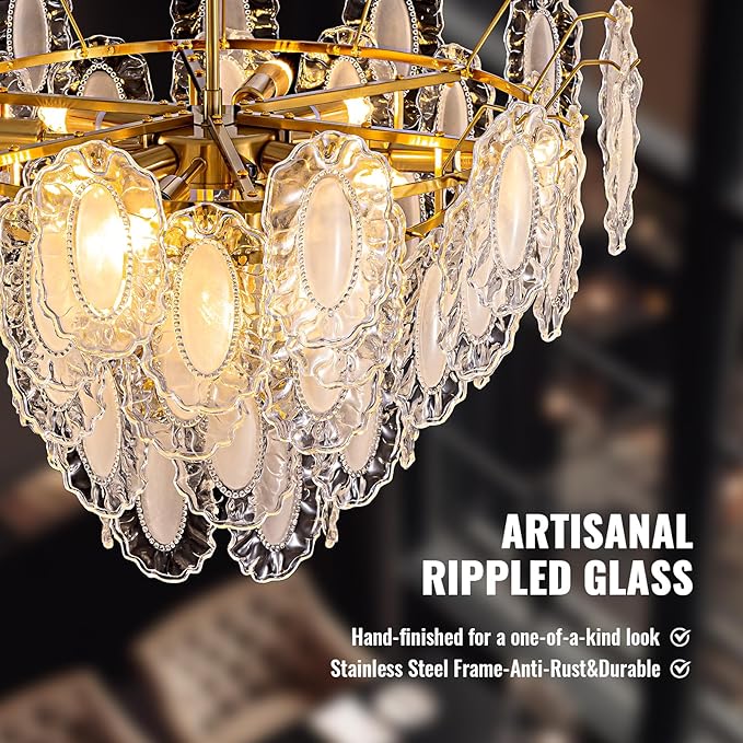5-Tier Foyer Chandelier, 12-Light Vintage Glass Chandelier for Dining Room with Glass Leaf & Brass Finish, Dimmable Vintage Pendant Lighting for Kitchen Island Living Room Entryway, 28.74"xH23.62"