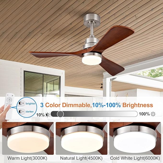 42 Inch Wood Ceiling Fans with Lights and Remote, Brushed Nickel Outdoor Ceiling Fan with Light, Dimmable 3 Blades Outdoor Fans for Patios Noiseless Modern Ceiling Fans for Bedroom Living Room