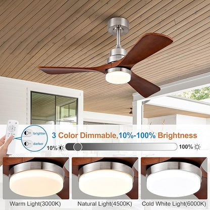 42 Inch Wood Ceiling Fans with Lights and Remote, Brushed Nickel Outdoor Ceiling Fan with Light, Dimmable 3 Blades Outdoor Fans for Patios Noiseless Modern Ceiling Fans for Bedroom Living Room