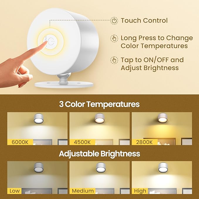 Wall Mounted Lamp LED Wall Lights with Rechargeable Battery Operated, 3 Color Temperatures & 3 Brightness Levels 360°Rotate Magnetic Ball, Cordless Sconces for Reading Bedroom Bedside,White-3 Pack