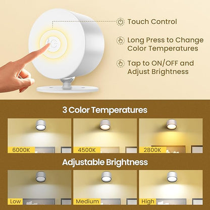 Wall Mounted Lamp LED Wall Lights with Rechargeable Battery Operated, 3 Color Temperatures & 3 Brightness Levels 360°Rotate Magnetic Ball, Cordless Sconces for Reading Bedroom Bedside,White-3 Pack
