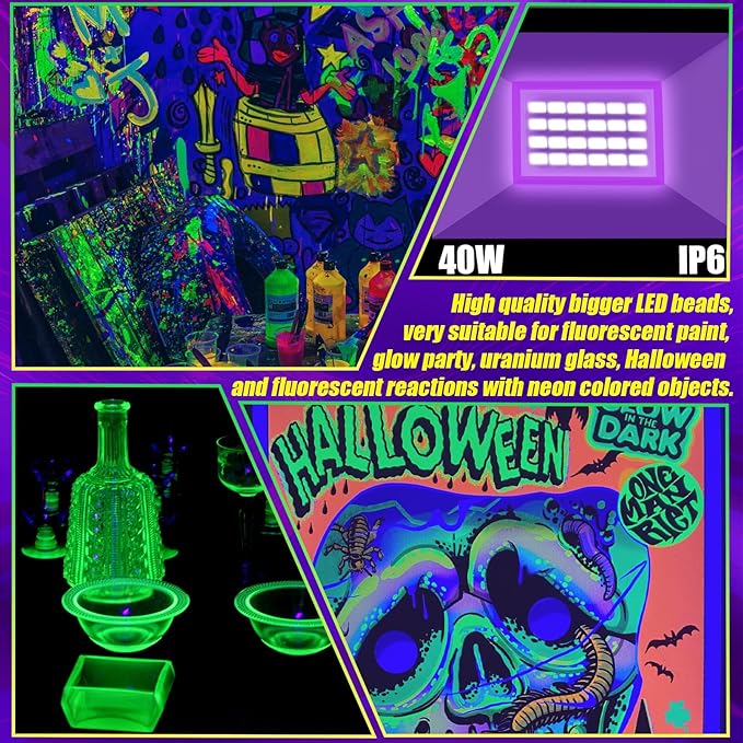 40W Black Light IP66 Waterproof Outdoor Flood Light with 6ft Cord+Plug+Switch, Blacklight Floodlight for Halloween Neon Glow in The Dark Fluorescent Poster Body Paint Bedroom 2 Pack