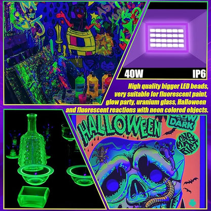 40W Black Light IP66 Waterproof Outdoor Flood Light with 6ft Cord+Plug+Switch, Blacklight Floodlight for Halloween Neon Glow in The Dark Fluorescent Poster Body Paint Bedroom 2 Pack