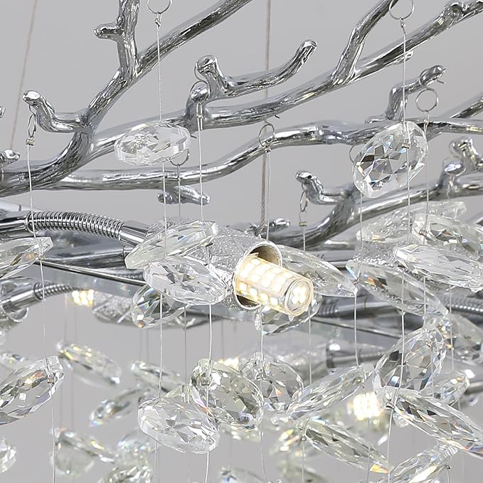Modern Crystal Tree Branches Chandelier, 47.5in Silver 14 Lights Large Ceiling Hanging Light for Dining Room, Rectangle Raindrop Pendant Light Fixture