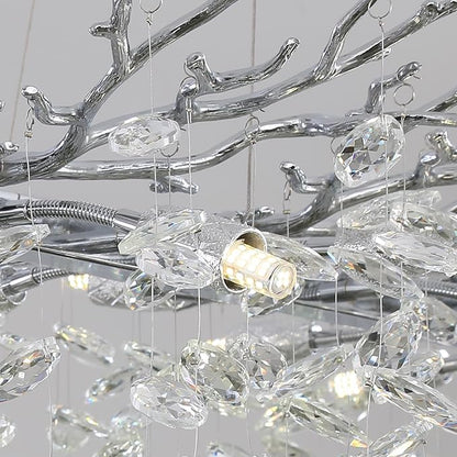 Modern Crystal Tree Branches Chandelier, 47.5in Silver 14 Lights Large Ceiling Hanging Light for Dining Room, Rectangle Raindrop Pendant Light Fixture