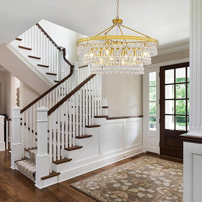 Wellmet 32" Brass Gold Farmhouse Chandelier, Large Modern Crystal Teardrop Chandeliers, Round Light Fixture for Dining Room, Living Room, Bedroom, Kitchen, Hallway, Closet