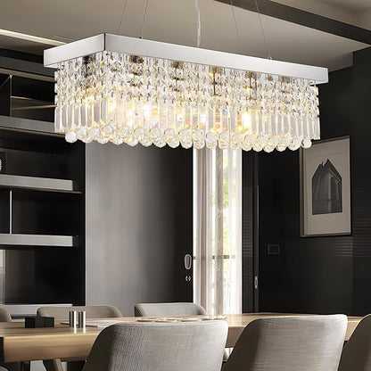 Modern Crystal Chandeliers for Dining Room Kitchen Island Light Fixture, 6-Light Rectangle Chandelier for Living Room, L31.5 Inch, Chrome Finish
