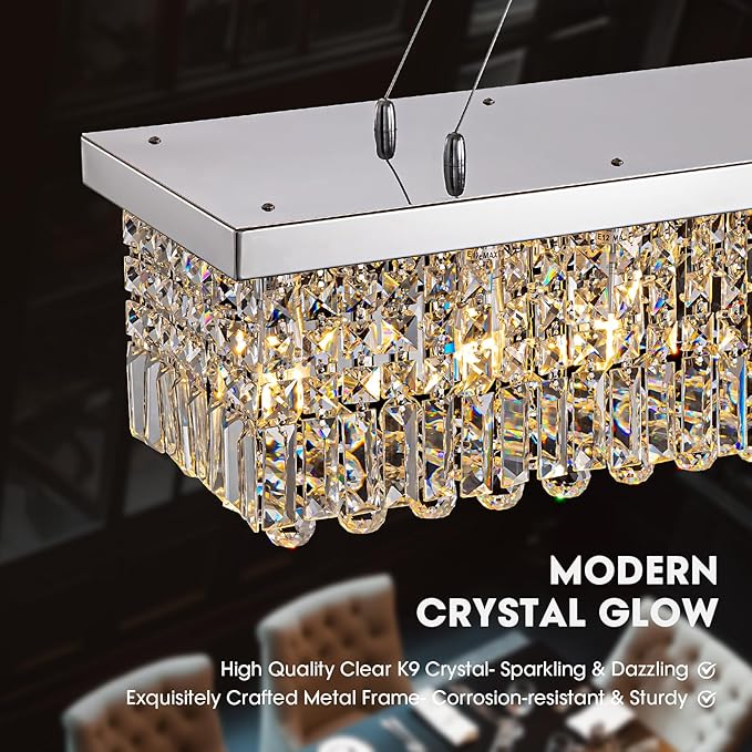 Large Modern Crystal Chandeliers for Dining Room Light Fixture, 13-Light Rectangle Chandelier for Kitchen Island Living Room, L59 Inch, Chrome Finish