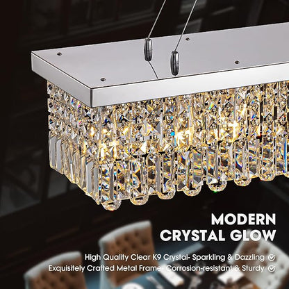 Modern Crystal Chandeliers for Dining Room Light Fixture, 10-Light Rectangle Chandelier for Kitchen Island Living Room, L47.2 Inch, Chrome Finish