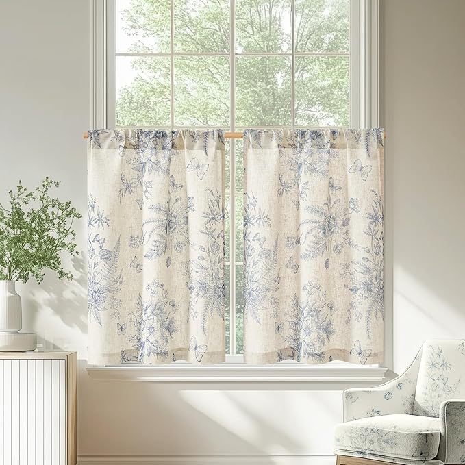 jinchan Half Window Curtains Small Drapes for Kitchen 36 Inch Rustic Floral Tier Curtains Farmhouse Butterfly Cafe Small Window Treatment for Dining Room Bathroom 2 Panels Blue on Beige