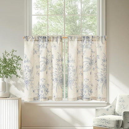 jinchan Half Window Curtains Small Drapes for Kitchen 36 Inch Rustic Floral Tier Curtains Farmhouse Butterfly Cafe Small Window Treatment for Dining Room Bathroom 2 Panels Blue on Beige