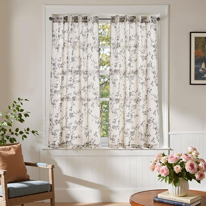 jinchan Floral Kitchen Curtains 54 Inch Linen Tier Curtains Farmhouse Cafe Half Window Drapes for Small Windows Light Filtering Black on Beige for Living Room Bathroom Back Tab 2 Panels