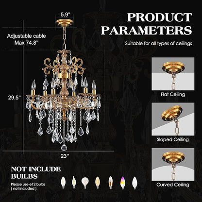 Luxury Antique Bronze Crystal Chandeliers with Candle Pendant Ceiling Light Fixture - 6 Lights Gold Crystal Chandelier for Dining Room, Living Room, Kitchen, Bedroom - D23 inch