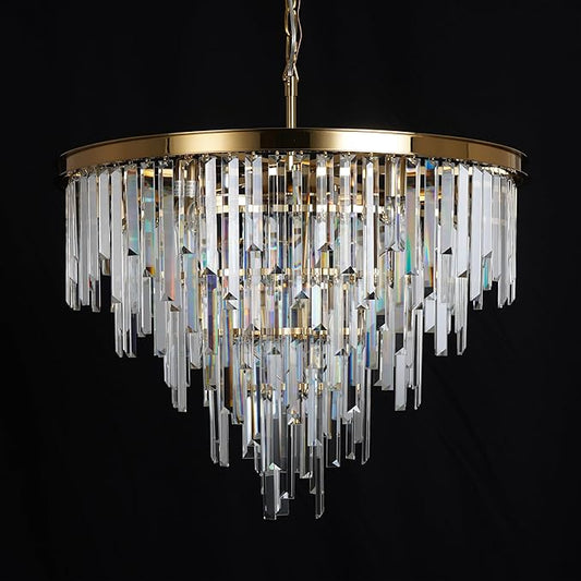 27'' Modern Crystal Chandelier, Gold Round Ceiling Light with Clear Prisms, Luxury Flush Mount Lighting Fixture for Dining Room Bedroom Foyer