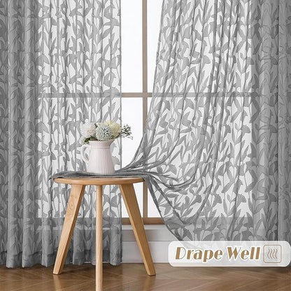 Gwine Charcoal Grey Sheer Curtain 54 Inch Length for Living Room 2 Panels, Light Filtering Leaf Jacquard Clip Textured Curtains for Bedroom, Soft Airy Farmhouse Rod Pocket Window Curtain, 42" Wx54 L