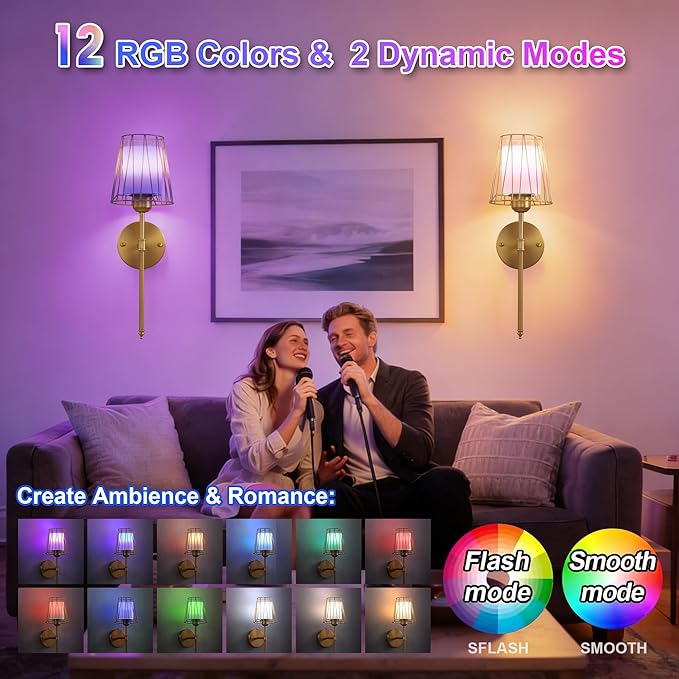 VbiTmn Wall Sconces Set of Two, Gold Wall Sconces Battery Operated, Rechargeable Wireless Wall Lights with Remote, 15 Colors Dimmable 3000K-6000K, Brass Wall Lamps for Bedroom Living Room