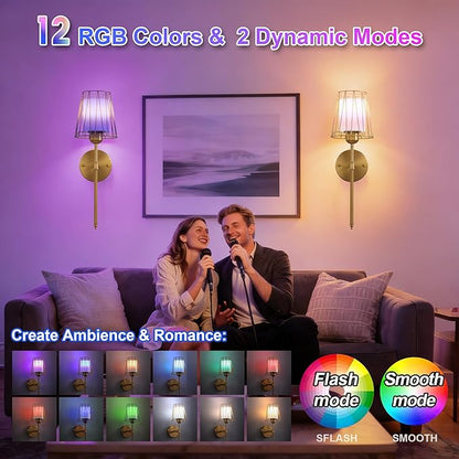 VbiTmn Wall Sconces Set of Two, Gold Wall Sconces Battery Operated, Rechargeable Wireless Wall Lights with Remote, 15 Colors Dimmable 3000K-6000K, Brass Wall Lamps for Bedroom Living Room