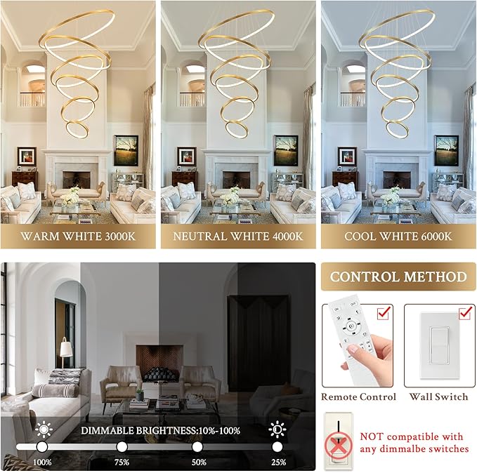 Modern 31" Big LED Chandeliers for High Ceiling 6 Rings Gold Chandeliers with Remote Control Dimmable Large Contemporary Ceiling Pendant Light for Foyer Living Room 3000K-6000K Selectable