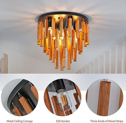 16.6" Farmhouse Ceiling Light, 5-Light Wood Chandelier, Rustic Light Fixture with Wood and Black Metal Finish, Farmhouse Semi Flush Chandelier for Bedroom, Hallway, Entryway, Kitchen