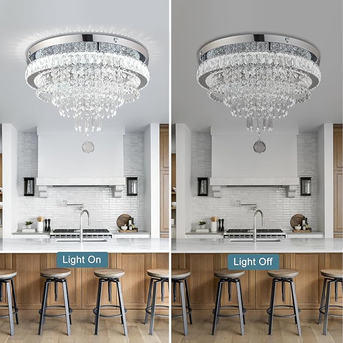 FRIXCHUR 19.7" Crystal Chandeliers Crystal Ceiling Light Fixtures Modern Flush Mount Light LED Chandelier Lamp for Living Room Bedroom Dining Room 6500K Cool White
