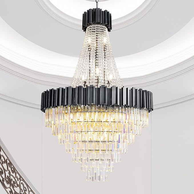 54" Black Large Chandeliers for High Ceilings, 21-Light Modern Crystal Chandelier for High Ceiling Staircase, Foyer, Entryway, Living Room, Hallway, Luxury K9 Crystal Tiered Chandelier Light Fixture