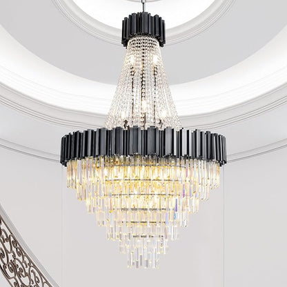 54" Black Large Chandeliers for High Ceilings, 21-Light Modern Crystal Chandelier for High Ceiling Staircase, Foyer, Entryway, Living Room, Hallway, Luxury K9 Crystal Tiered Chandelier Light Fixture