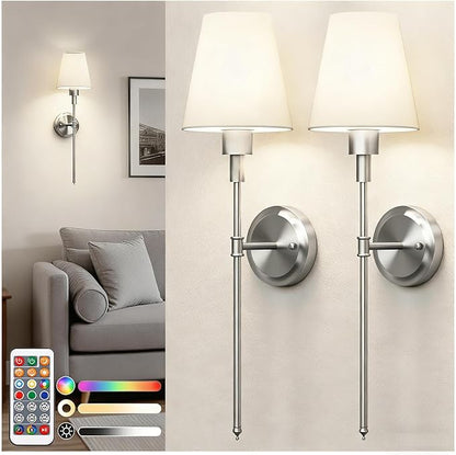 DORESshop Battery Operated Wall Sconce Set of 2, Wireless Wall Light Easy to Install, 7 Color Rechargeable Wall Sconces, Sconce Wall Decor Set of 2 for Bedroom, Living Room, Nickel, 24.6in