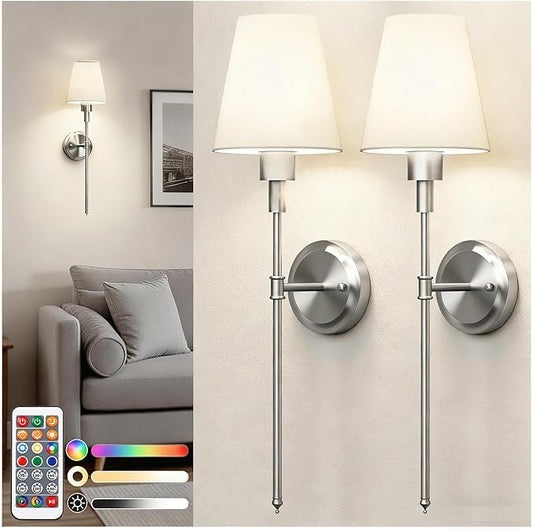 DORESshop Battery Operated Wall Sconce Set of 2, Wireless Wall Light Easy to Install, 7 Color Rechargeable Wall Sconces, Sconce Wall Decor Set of 2 for Bedroom, Living Room, Nickel, 24.6in