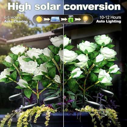 Anordsem Solar Garden Lights Outdoor: 20 Waterproof Fabric Roses 4 Pack - White LED Flower Decorations for Yard Patio Path Cemetery Grave - Birthday Gifts for Women Mom Wife