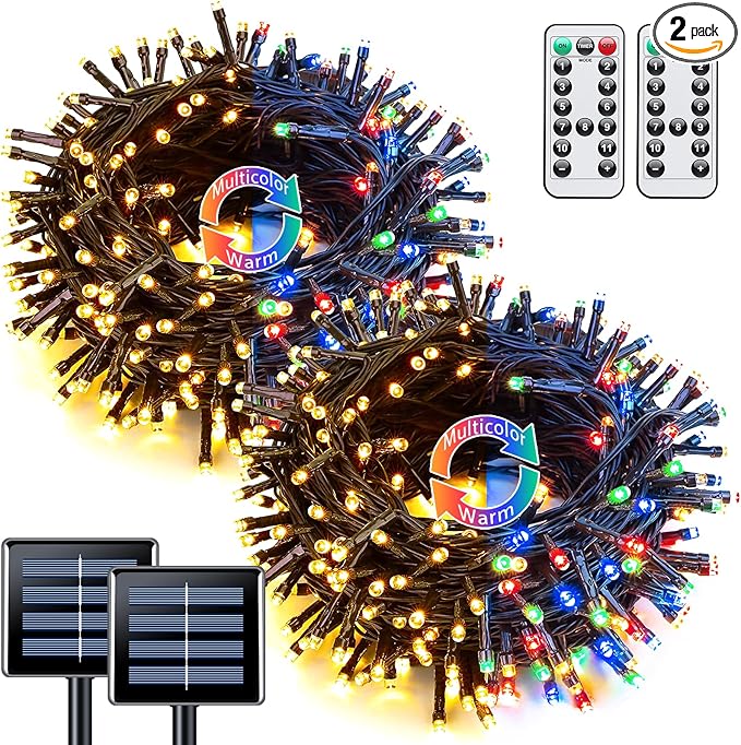 JMEXSUSS 2 Pack Solar String Lights Outdoor Waterproof, Total 66 FT 200 LED Solar Christmas Lights Outdoor, Twinkle Light for Christmas Tree Outside Garden Yard Xmas Decor, Warm White to Multicolor