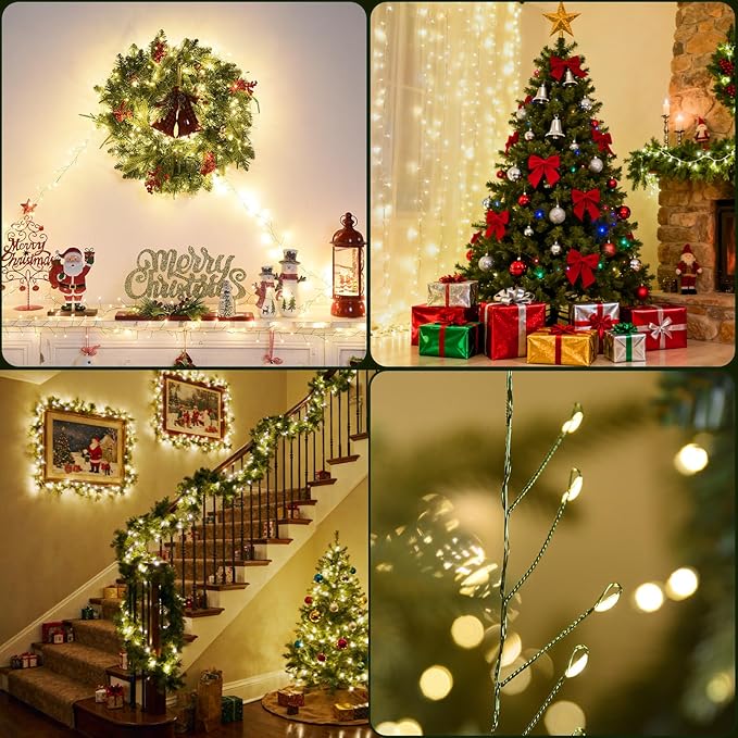 Fairy Lights Plug in 130Ft 2000LED Warm Christmas Wreath Lights with Timer Remote Waterproof Firecracker Twinkle Cluster String Light for Bedroom Wreath Party Garland Tree Decor Green Wire