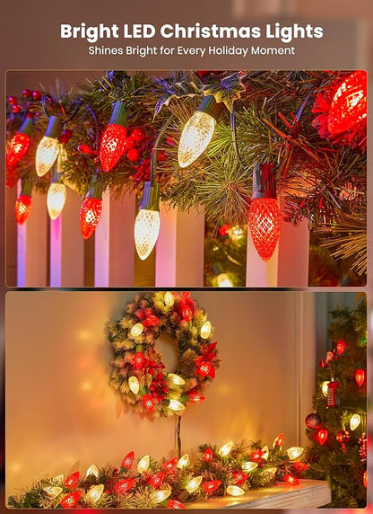C9 LED Christmas String Lights Outdoor, 26 Feet 20 LED Christmas Pathway Lights with 20 Plastic Stakes, Connectable Waterproof for Driveways Xmas Holiday Patio Decoration, Red and Warm White