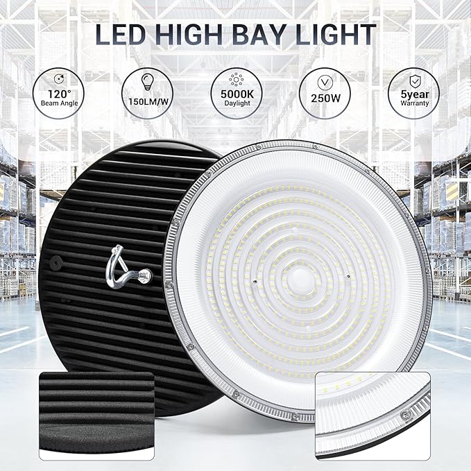 XYCN 250W UFO Led High Bay Light,120VAC,5000K Daylight Commercial Bay Lighting,IP66 Waterproof,41050LM,1150W MH/HPS with Plug Area Lighting for Warehouse/Shop/Workshop/Barn/Gym/Factory