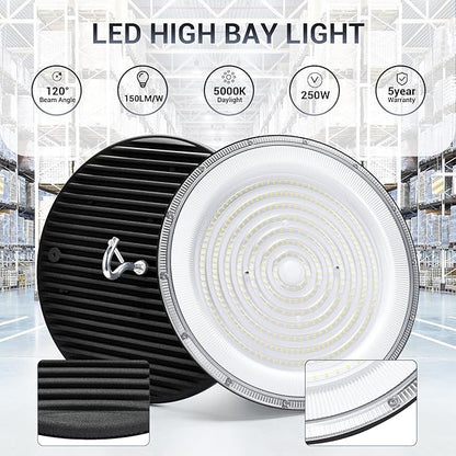 XYCN 250W UFO Led High Bay Light,120VAC,5000K Daylight Commercial Bay Lighting,IP66 Waterproof,41050LM,1150W MH/HPS with Plug Area Lighting for Warehouse/Shop/Workshop/Barn/Gym/Factory