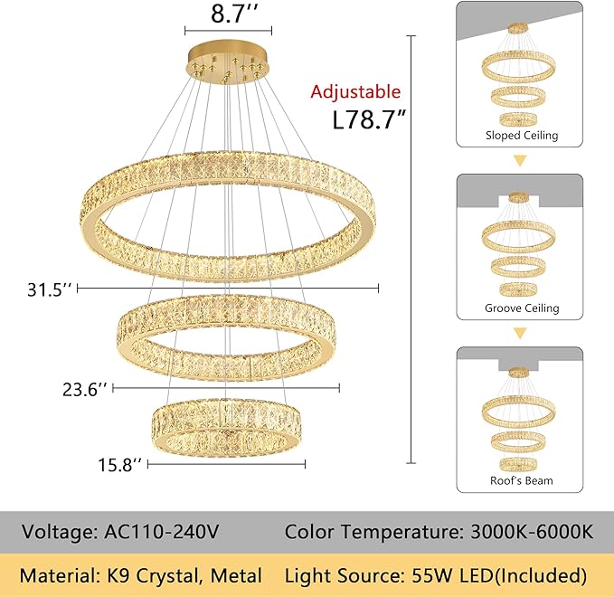 Modern Crystal Chandelier 55W Dimmable LED Chandeliers with Remote Luxury Height Adjustable Pendant Lighting for Living Room Dining Room Gold