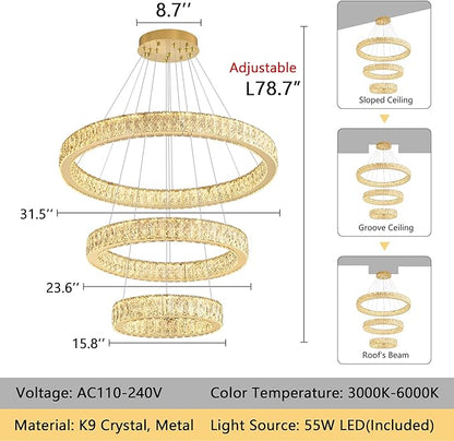Modern Crystal Chandelier 55W Dimmable LED Chandeliers with Remote Luxury Height Adjustable Pendant Lighting for Living Room Dining Room Gold