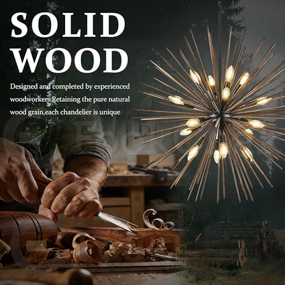 Large Wood Sputnik Chandeliers 16 Light Starburst Chandelier Light Fixture Solid Wood Farmhouse Black Satellite Light Fixture for Dining Room Foyer Living Room 32in