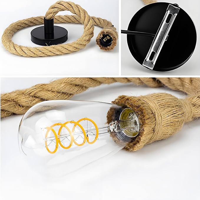 1 Head 1.5 Meter Hemp Rope Vintage Ceiling Pendant Light Lamp Fixture E26/E27 Base,Retro Style for Dining Hall Restaurant Bar Lighting(Bulb not Included)