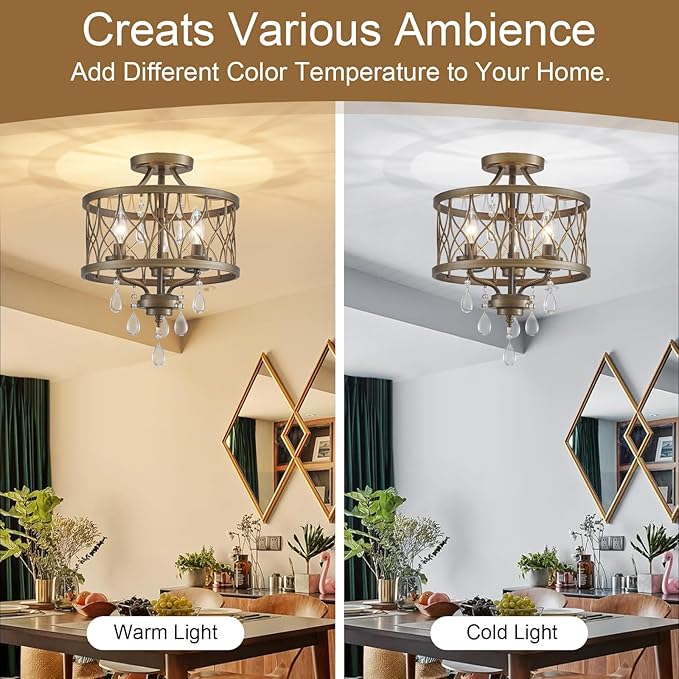 Farmhouse Crystal Ceiling Light Fixture, 3-Light Semi Flush Mount Crystal Chandelier Light Fixture Rustic Vintage Bronze Pendant Ceiling Lamp for Hallway Corridor Kitchen Entryway Bedroom Living Room