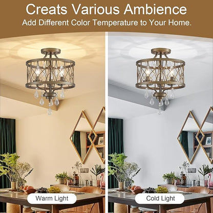 Farmhouse Crystal Ceiling Light Fixture, 3-Light Semi Flush Mount Crystal Chandelier Light Fixture Rustic Vintage Bronze Pendant Ceiling Lamp for Hallway Corridor Kitchen Entryway Bedroom Living Room