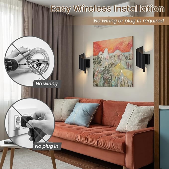 2 Packs Modern Wall Light Battery Operated Wall Sconces,Black Wireless Wall Lamp with Remote, Rechargeable Cordless Wall Sconce USB Charging for Bedroom Living Room Hallway (1 Pack)
