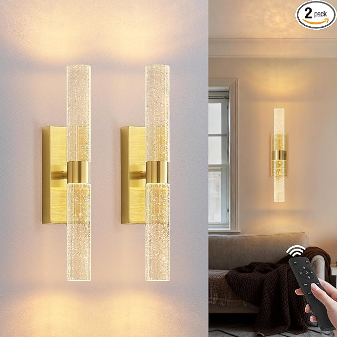 KARTOOSH Gold Rechargeable Wireless Wall Sconce Set of Two, Battery Operated Wall Lights with Remote Control,350°Rotate,3000K/4000K/6000K,Dimmable,Timer,for Living Room,Dining Room,Hallway,15.3 Inch