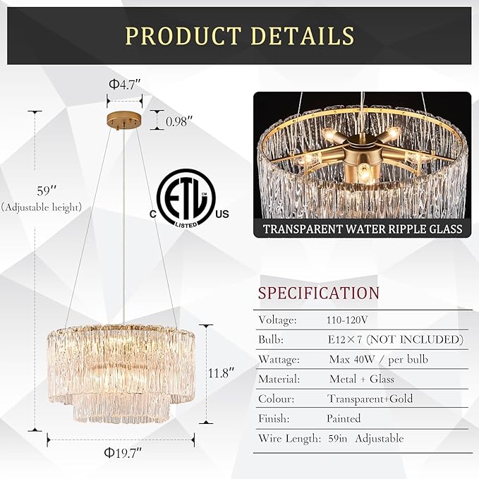 CATINER Modern Gold Chandeliers,20” Crystal Glass Pendant Ceiling Light Fixtures 7-Light Round Chandelier Luxury 2 Tiers Hanging Chandelier for Dining Room Foyer Living Room Bedroom