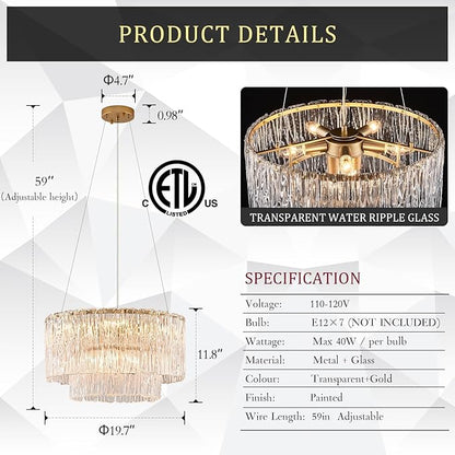 CATINER Modern Gold Chandeliers,20” Crystal Glass Pendant Ceiling Light Fixtures 7-Light Round Chandelier Luxury 2 Tiers Hanging Chandelier for Dining Room Foyer Living Room Bedroom