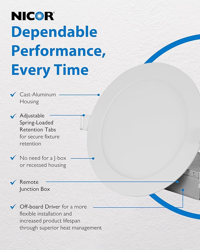 LED Downlight - Ultra-Thin 6 inch LED Recessed Light with Junction Box - 4000K, 902 Lumens, 11.8W, 120V, Dimmable LED Lights - REL6 Edge-Lit LED Ceiling Light, White by NICOR Lighting